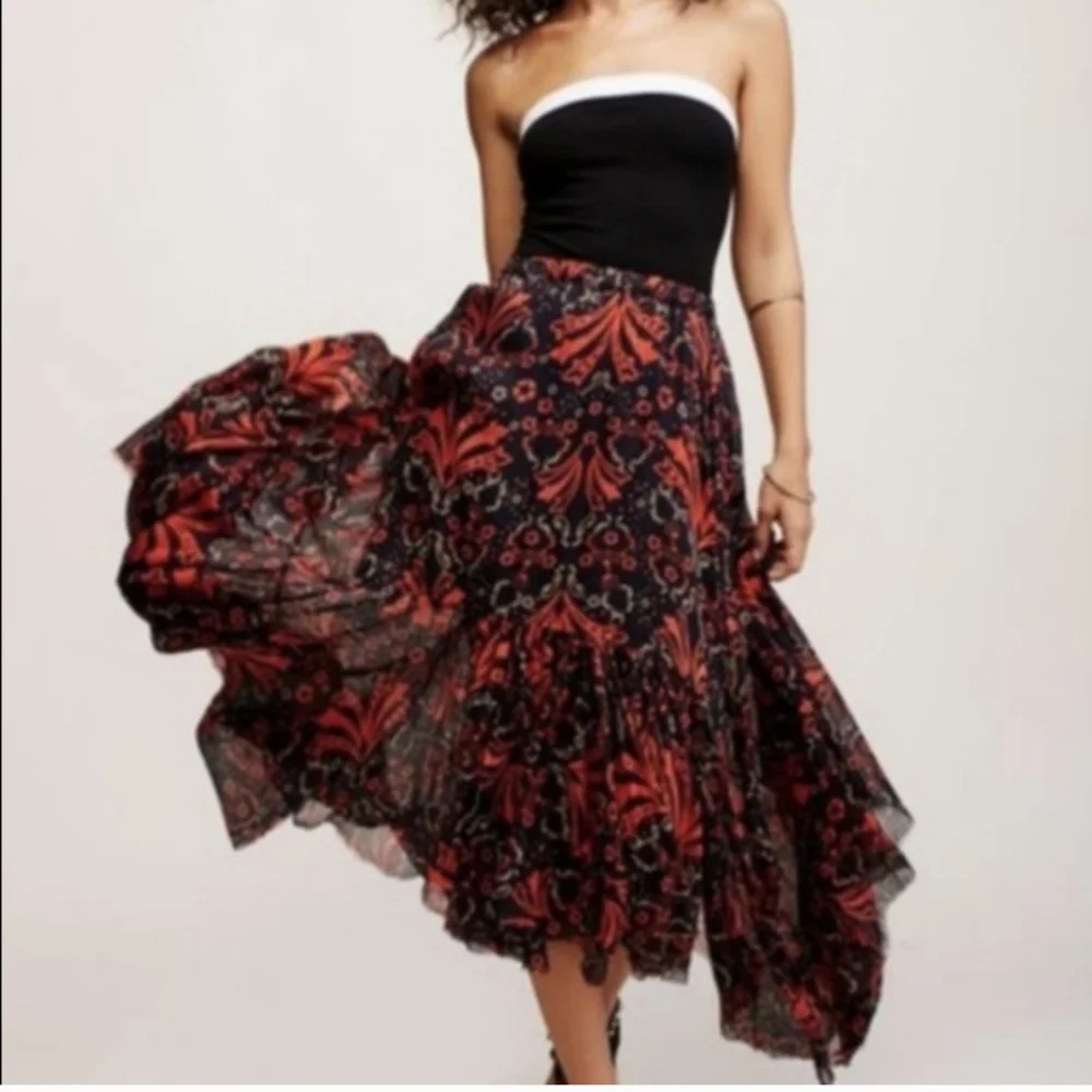 Free People Tattered Handkerchief Asymmetric Print Skirt S Black Red Orange
